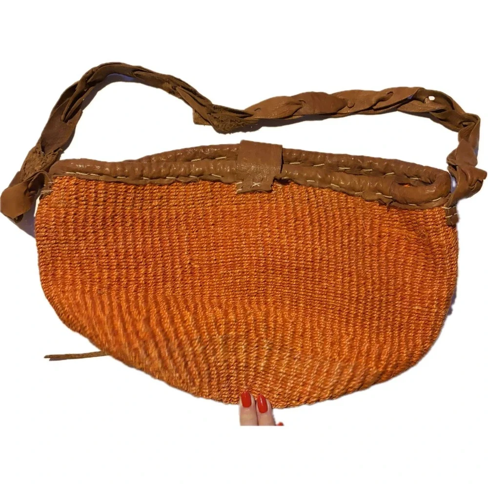 Vintage 90s Boho Woven Shell Leather Bag Orange 17x10x7